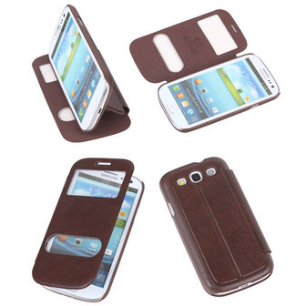 Bookcase Flip Cover VIEW Hoesje Samsung Galaxy S3 i9300 Bruin