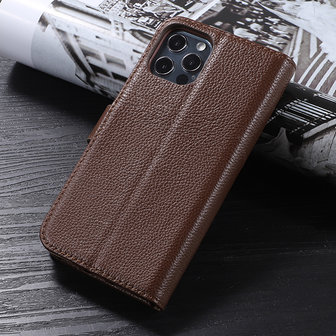 Echt Lederen Wallet Case Telefoonhoesje voor iPhone 12 Pro Max - Bruin