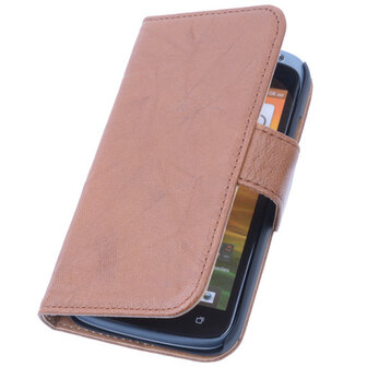 BestCases Bruin Hoesje voor HTC Desire 210 Stand Echt Lederen Book Wallet