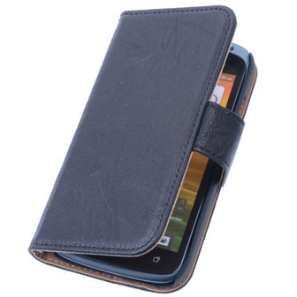 Zwart Hoesje voor HTC Desire 210 Stand Luxe Echt Lederen Book Wallet