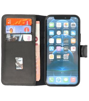 Handmade Leer Booktype Telefoonhoesje voor iPhone 12 - iPhoen 12 Pro - Zwart