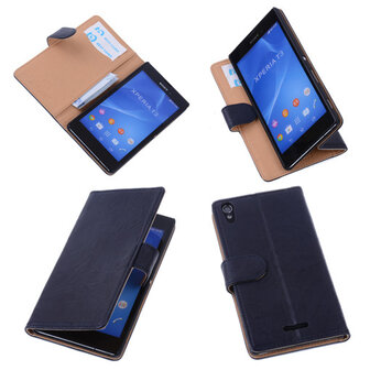 estCases Navy Blue Sony Xperia T3 Stand Echt Lederen Booktype Hoesje 