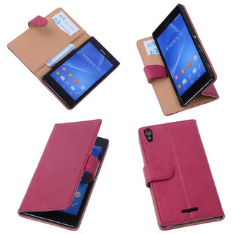 BestCases Fuchsia Sony Xperia T3 Stand Echt Lederen Booktype Hoesje 