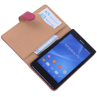 BestCases Fuchsia Hoesje voor Sony Xperia T3 Stand Echt Lederen Booktype