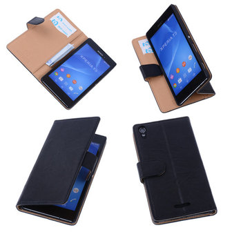 BestCases Zwart Sony Xperia T3 Stand Echt Lederen Booktype Hoesje 