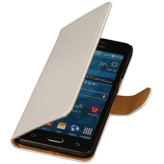 PU Leder Wit Hoesje voor Samsung Galaxy Grand Prime Stand Book/Wallet Case/Cover