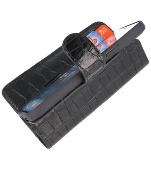 iPhone 13 Mini Hoesje Krokodil Handmade Leer Book Case Telefoonhoesje - Zwart