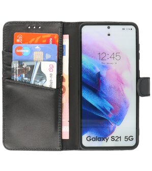 Echt Lederen Hoesje Wallet Case Telefoonhoesje voor Samsung Galaxy S21 - Zwart