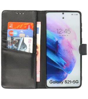 Echt Lederen Hoesje Wallet Case Telefoonhoesje voor Samsung Galaxy S21 Plus - Zwart