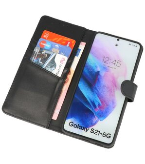 Echt Lederen Hoesje Wallet Case Telefoonhoesje voor Samsung Galaxy S21 Plus - Zwart