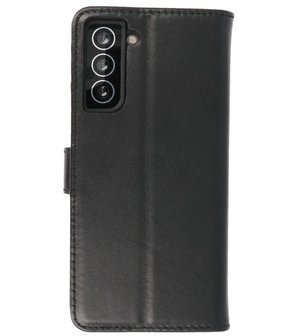 Echt Lederen Hoesje Wallet Case Telefoonhoesje voor Samsung Galaxy S21 FE - Zwart