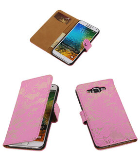 Goud Lace / Kant Design Bookcover Hoesje Samsung Galaxy E7