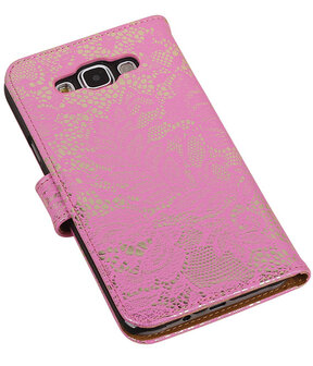 Goud Lace / Kant Design Bookcover Hoesje Samsung Galaxy E7