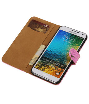 Goud Lace / Kant Design Bookcover Hoesje Samsung Galaxy E7