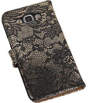 Zwart Lace / Kant Design Bookcover Hoesje Samsung Galaxy E7