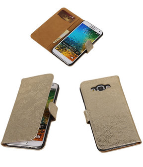 Goud Lace / Kant Design Bookcover Hoesje Samsung Galaxy E7