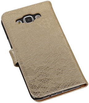 Goud Lace / Kant Design Bookcover Hoesje Samsung Galaxy E7