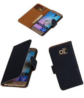 Echt Leer Bookcase Donker Blauw - Samsung Galaxy E7