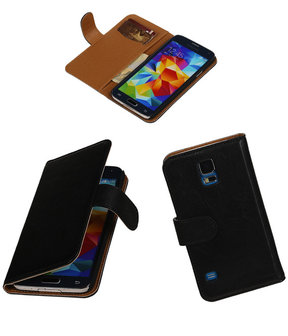 Echt Leer Bookcase Zwart - Samsung Galaxy S5