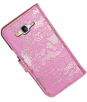 Samsung Galaxy J5 Lace Kant Booktype Wallet Hoesje Roze