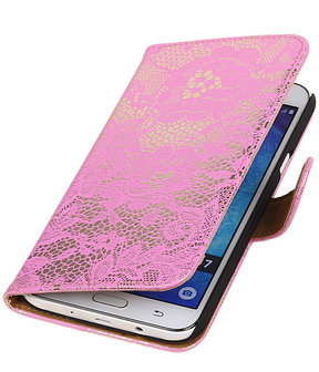 Samsung Galaxy J7 Lace Kant Booktype Wallet Hoesje Roze