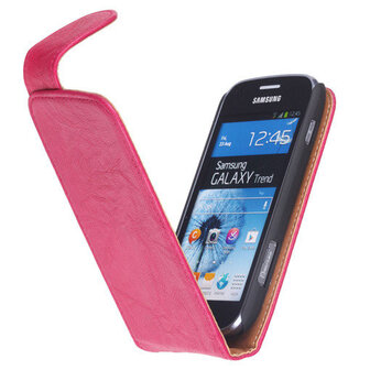 Samsung Galaxy S Duos S7562 Echt lederen Flipcase Hoesje Fuchsia