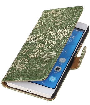 Huawei Honor 6 Plus Lace Kant Booktype Wallet Hoesje Donker Groen