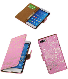 Huawei Honor 6 Plus Lace Kant Booktype Wallet Hoesje Roze