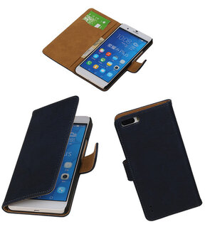 Huawei Honor 6 Plus Bark Hout Booktype Wallet Hoesje Donker Blauw