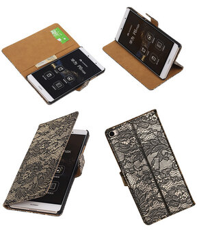 Huawei P8 Max Lace Kant Booktype Wallet Hoesje Zwart