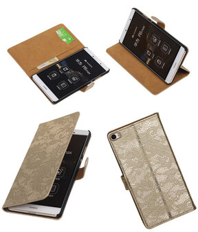 Huawei P8 Max Lace Kant Booktype Wallet Hoesje Goud