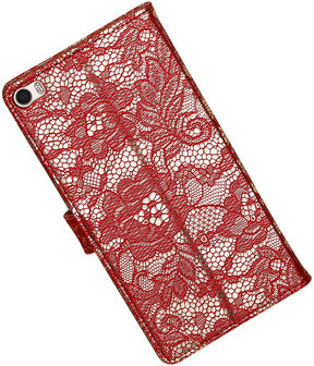 Huawei P8 Max Lace Kant Booktype Wallet Hoesje Donker Rood