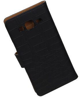 Samsung Galaxy J3 - Krokodil Zwart Booktype Wallet Hoesje