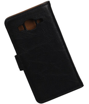 Zwart Echt Leer Booktype Samsung Galaxy On5 Wallet Cover Hoesje
