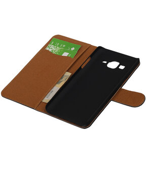 Zwart Echt Leer Booktype Samsung Galaxy On5 Wallet Cover Hoesje