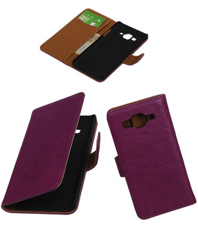 Paars Echt Leer Booktype Samsung Galaxy On5 Wallet Cover Hoesje