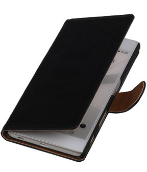 Zwart Echt Leer Booktype Sony Xperia Z4 Compact Wallet Cover Hoesje