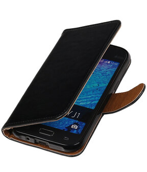 Zwart Pull-Up PU Hoesje Samsung Galaxy J1 Booktype Wallet Cover