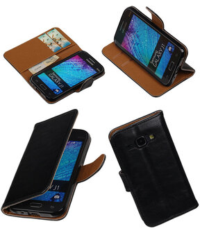 Zwart Pull-Up PU Hoesje Samsung Galaxy J1 Booktype Wallet Cover