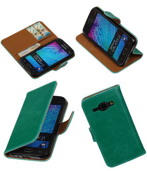 Groen Pull-Up PU Hoesje Samsung Galaxy J1 Booktype Wallet Cover
