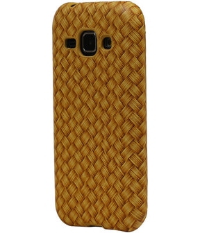 Goud Geweven Hout Design TPU Cover Case voor Samsung Galaxy J1 Hoesje