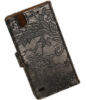 Sony Xperia C4 Lace Kant Booktype Wallet Hoesje Zwart