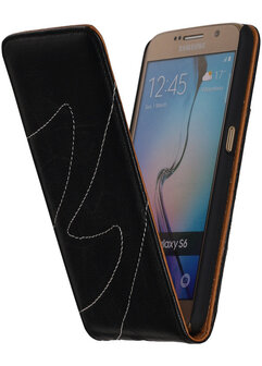 Zwart Classic Echt Leer Map Flip Hoesje voor Samsung Galaxy S6
