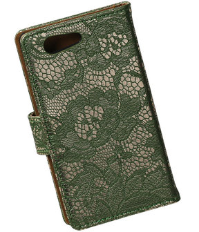 Sony Xperia Z4 Compact Lace Kant Bookstyle Wallet Hoesje Donker Groen