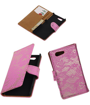 Sony Xperia Z4 Compact Lace Kant Bookstyle Wallet Hoesje Roze