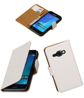 Wit Krokodil booktype cover hoesje voor Samsung Galaxy J1 (2016)