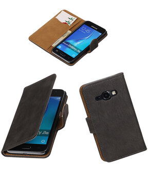 Grijs Hout booktype cover hoesje voor Samsung Galaxy J1 (2016)