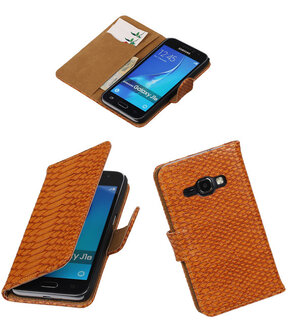 Bruin Slang booktype cover hoesje voor Samsung Galaxy J1 (2016)