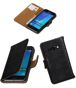 Zwart Slang booktype cover hoesje voor Samsung Galaxy J1 (2016)