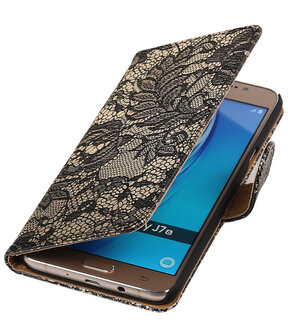 Zwart Lace booktype cover hoesje voor Samsung Galaxy J7 2016